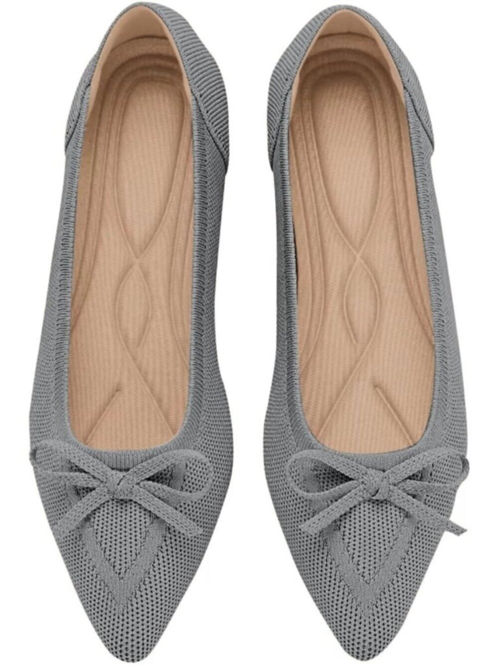 Women's Grey Knit Ballet Flats Pointed Toe Bow Comfortable Dressy Shoes